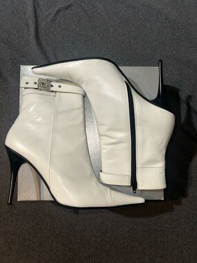 Pointed White Leather Stiletto Ankle Boots with Side Zip and Buckle Trim